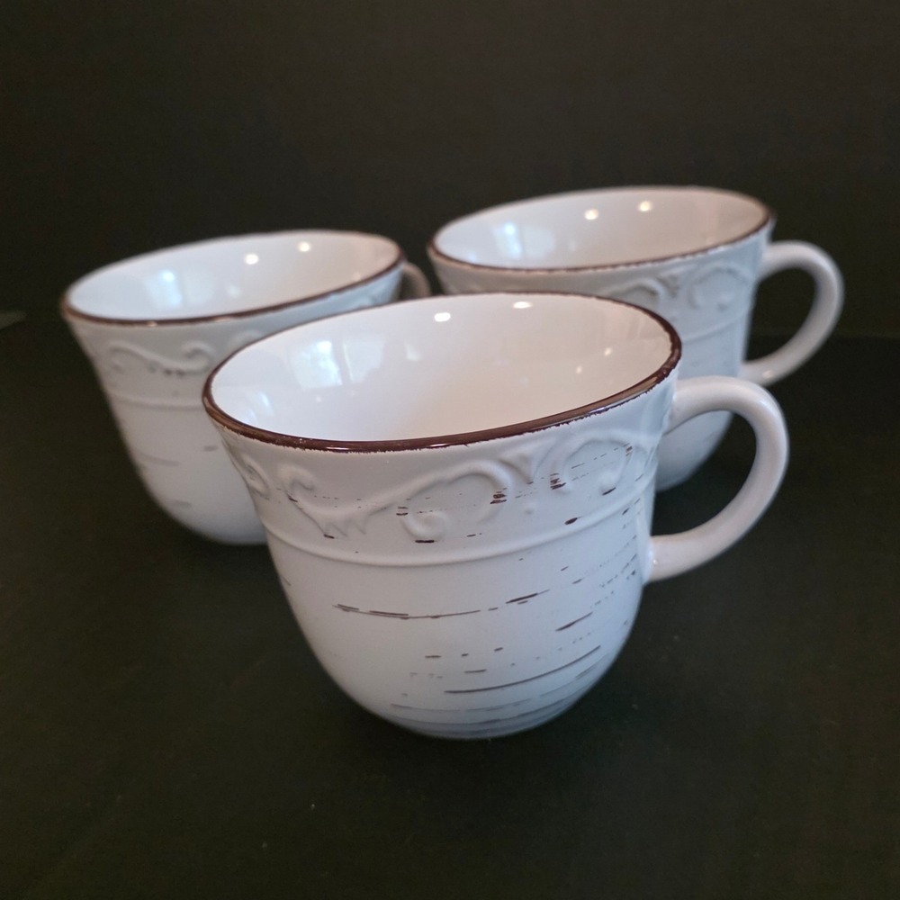 Pfaltzgraff Trellis White Stoneware Coffee Mugs Rustic Embossed Set of 3